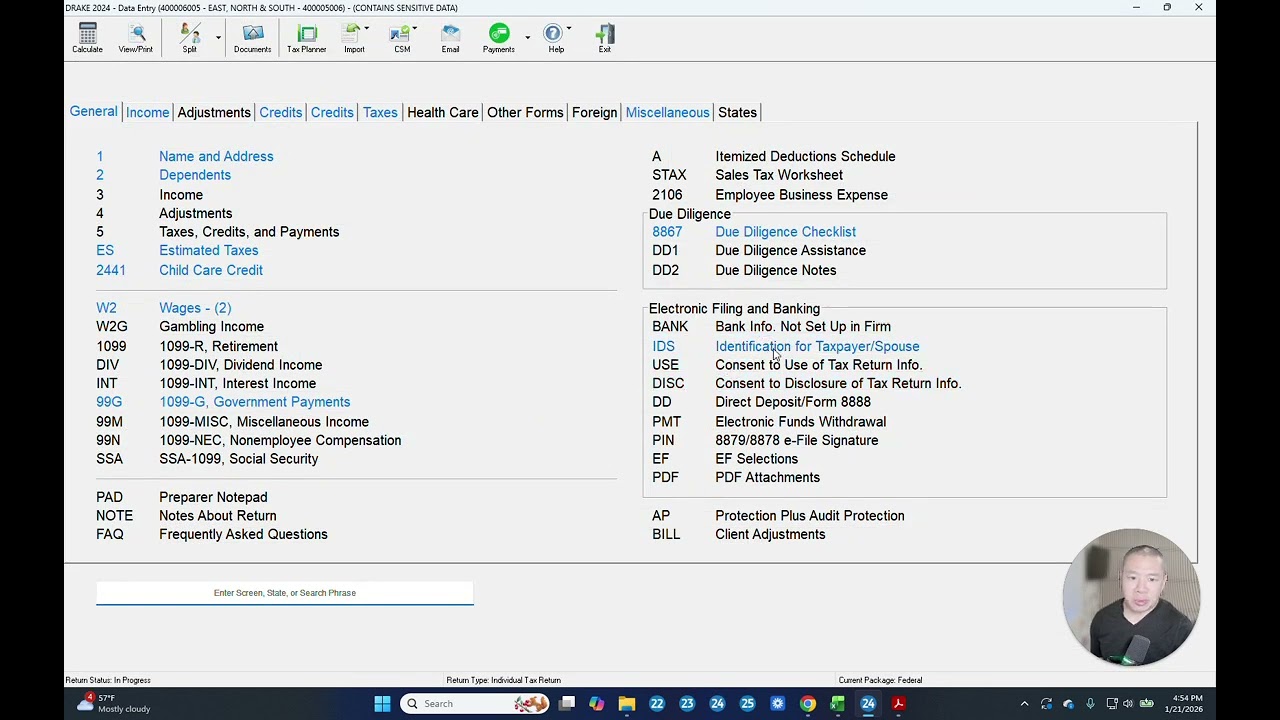 How to prepare 2024 Drake Tax Practice Return 5 - East, North and South