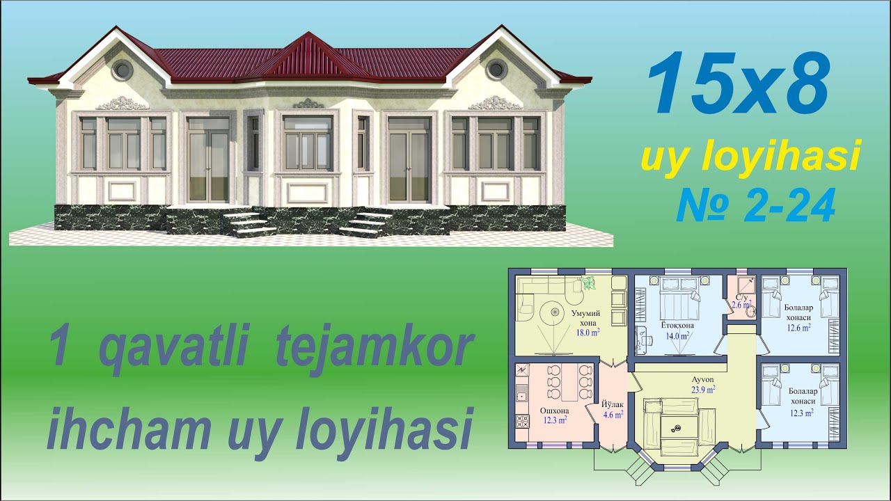 1 QAVATLI IHCHAM UY LOYIHASI. TOʻLIQ CHIZMASI BILAN. Уй лойиха 15х8