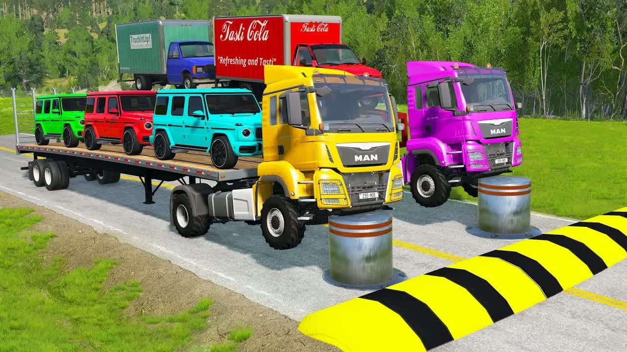 Flatbed Trailer McQueen Transportation with Truck - Speedbumps vs Cars vs Train - BeamNG.Drive #4