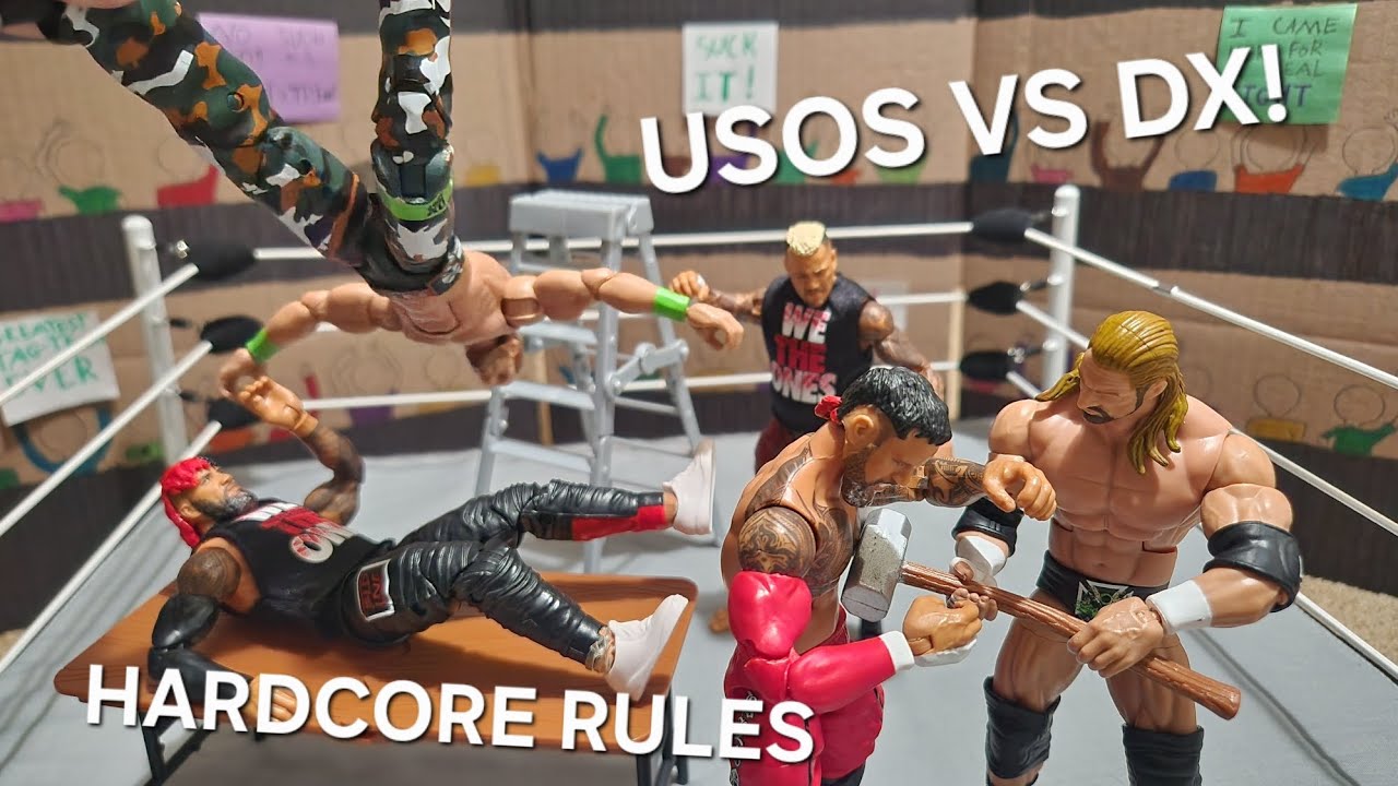 The Usos vs D-GENERATION-X | hardcore rules | WWE action figure match 
