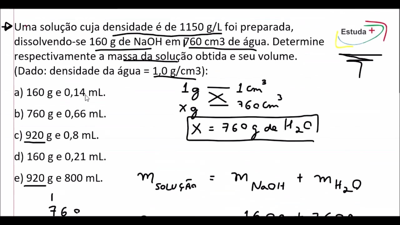 Uma solução com densidade de 1150 g/L foi preparada, dissolvendo-se 160 g de NaOH em 760 cm3 de água