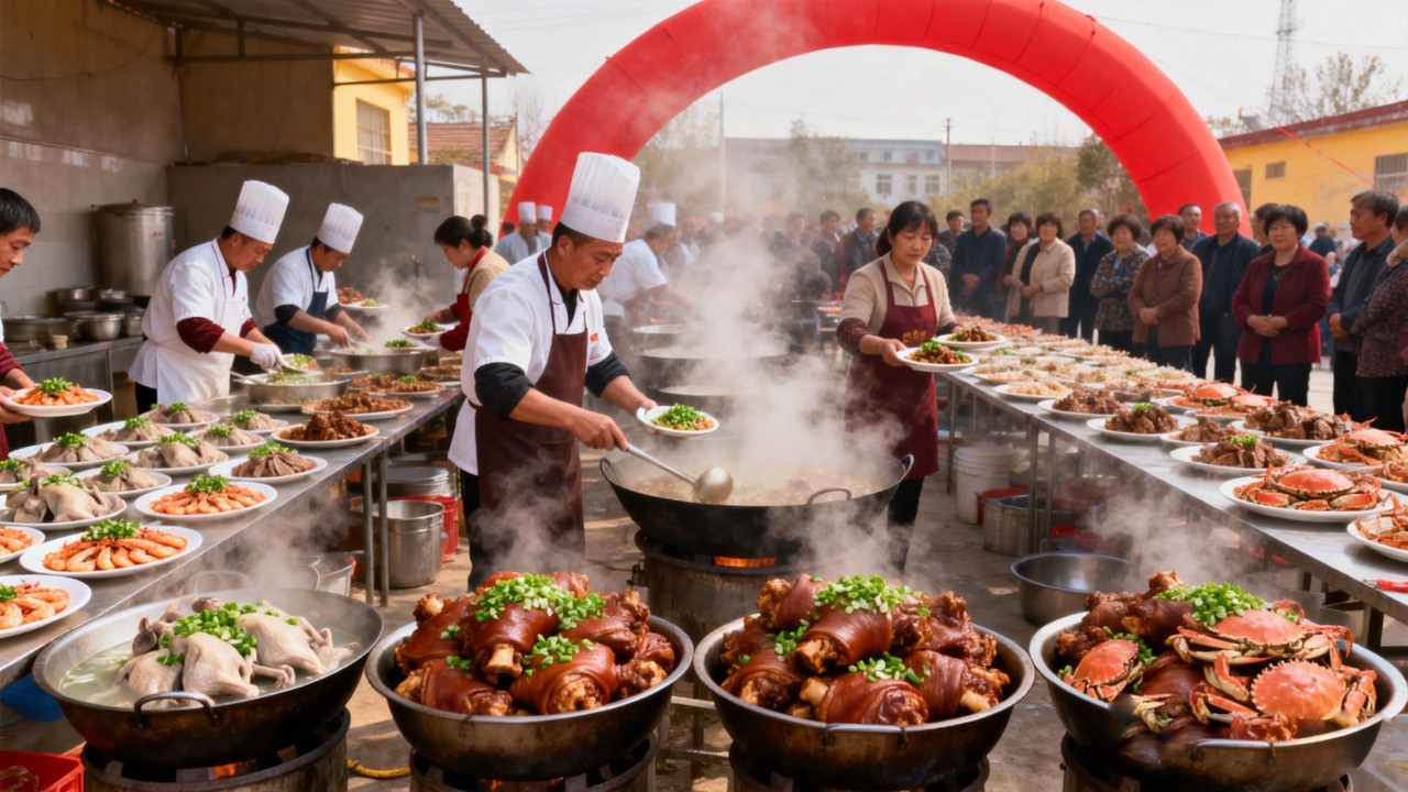 中国乡村美食 / 江苏徐州农村婚宴：盐水鹅、河虾、红烧羊肉、红烧猪肘、帝王蟹。狂做1300道菜！26桌、现场制作、帝王蟹吃到爽！【我是忐忑妞】