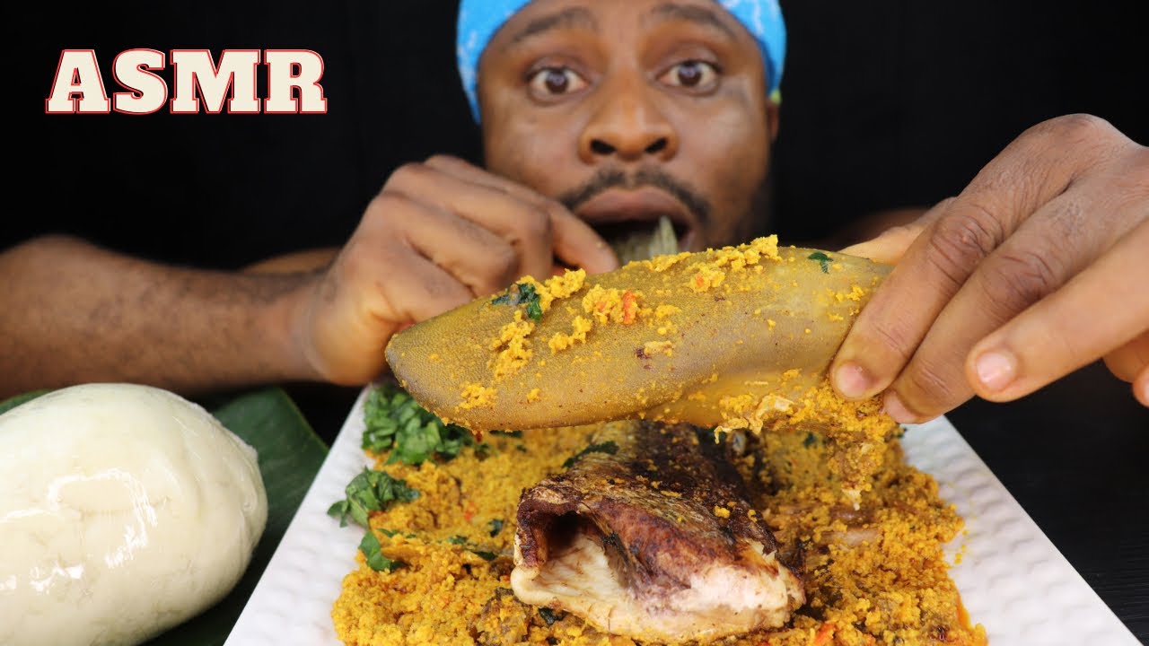 Mukbang Asmr Massive Beef Tongue Egusi Soup,FishTail & Pounded Yam. Nigeria food Asmr!
