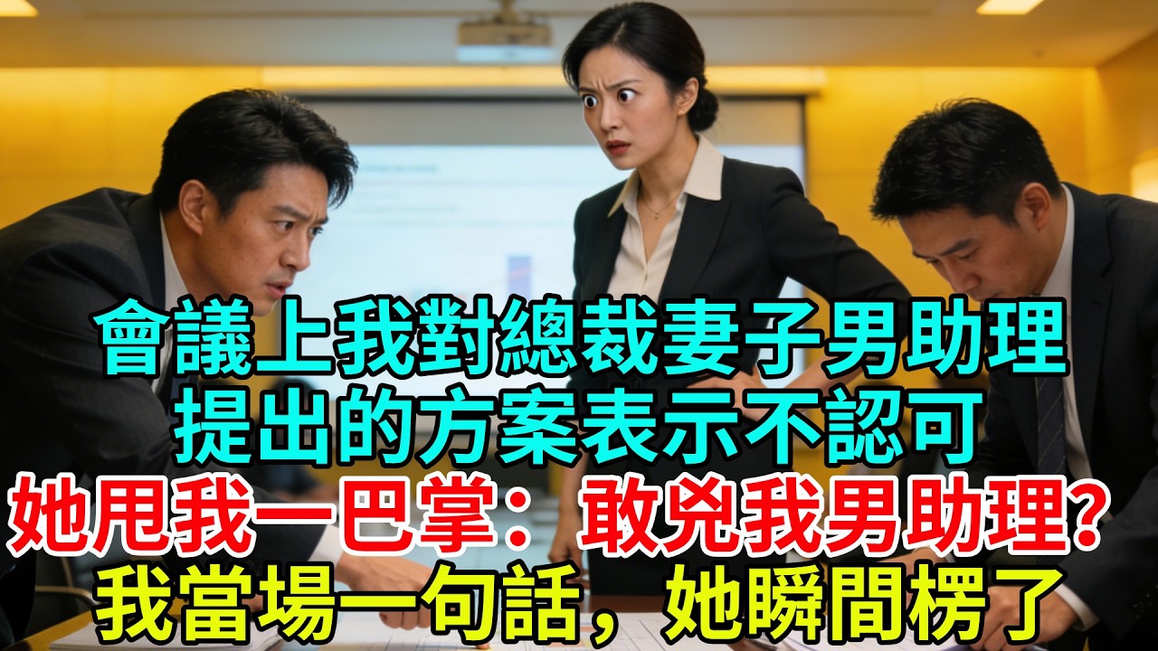 會議上我對總裁妻子的男助理提出的方案表示不認可，她一巴掌甩我臉上：“敢兇我男助理？”我當場一句話，她瞬間楞了#故事頻道#故事#情感故事