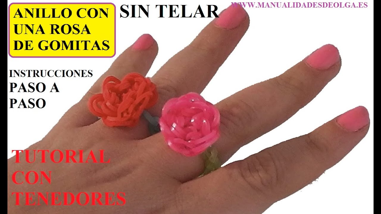 COMO HACER UN ANILLO CON UNA ROSA DE GOMITAS SIN TELAR, CON DOS TENEDORES, TUTORIAL DIY