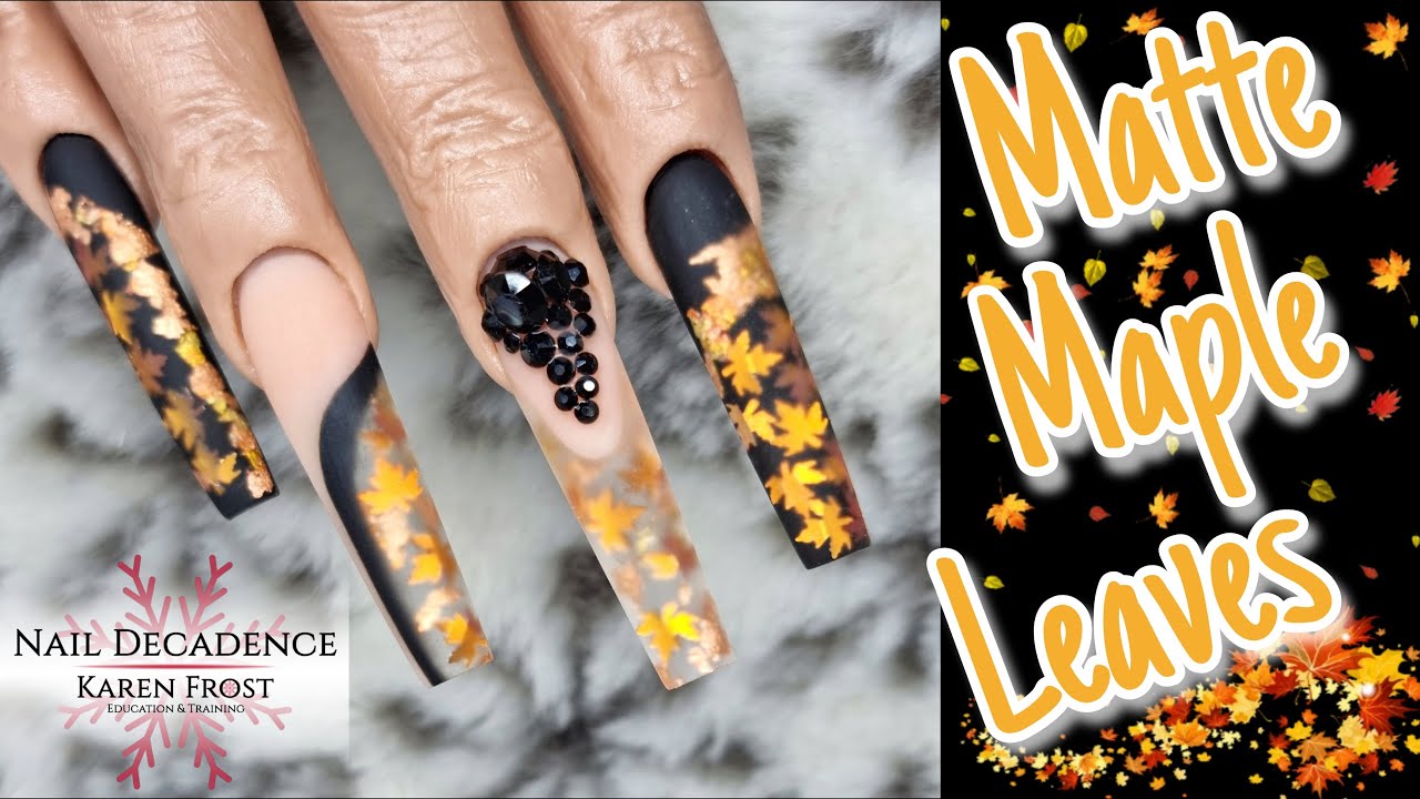 Acrylic Nails | Matte Black & Gold Maple Leaves | French | Clear Tips | XL Long Square 
