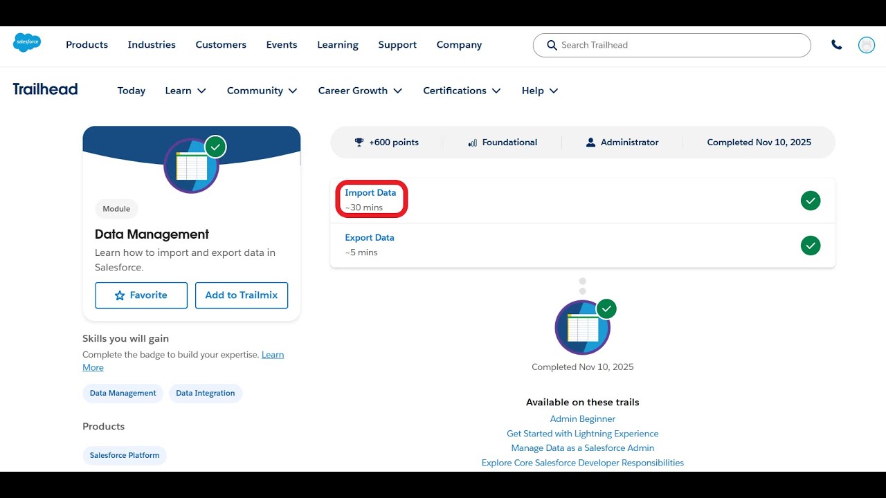 Импорт данных | Управление данными | Trailhead | Salesforce | Виртуальная стажировка