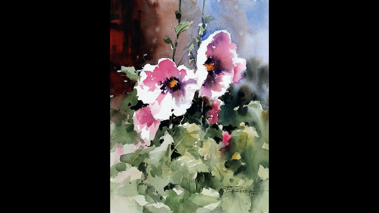 Hollyhocks watercolor painting
