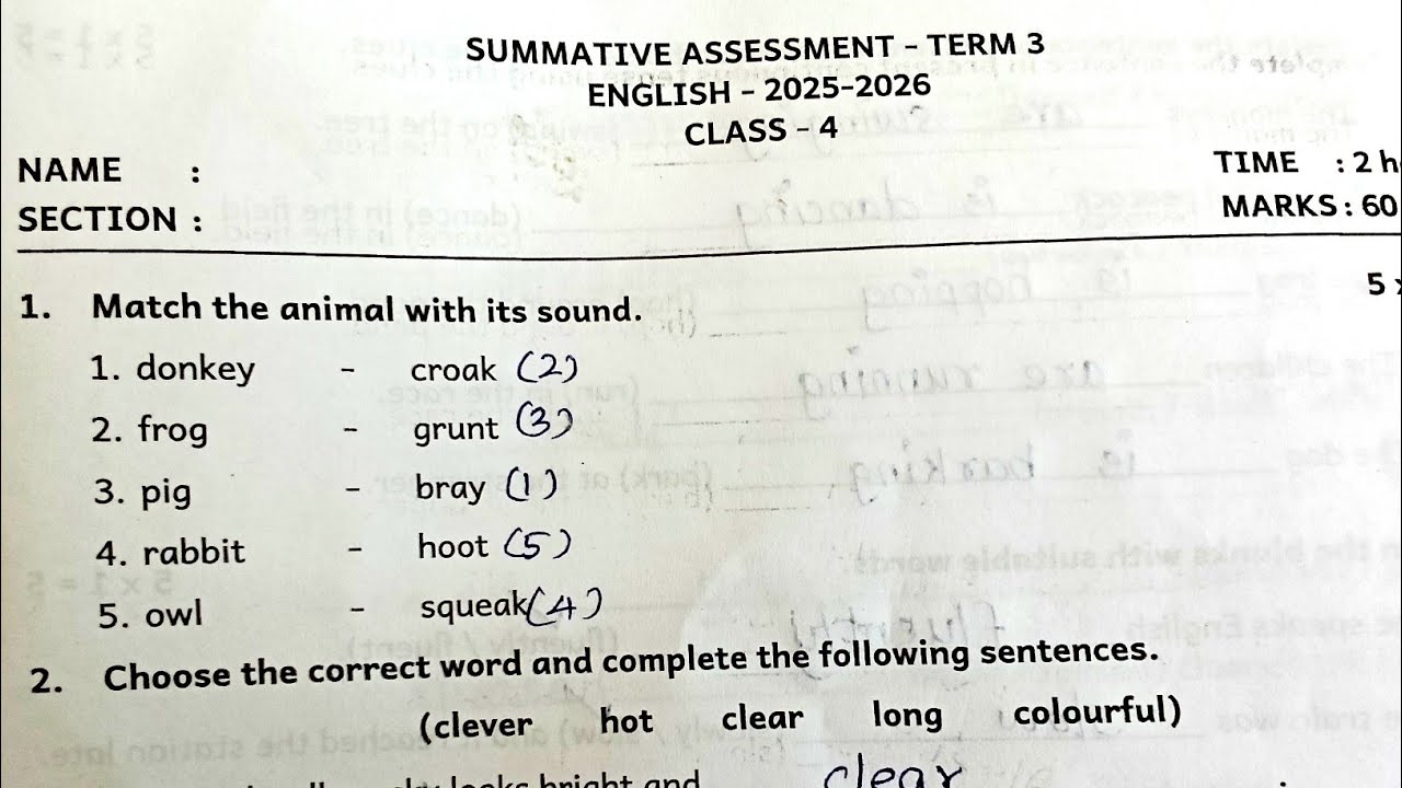 4th Standard English Term3 Exam question paper Answers Summative Assessment 2025-26  @illanthendral7