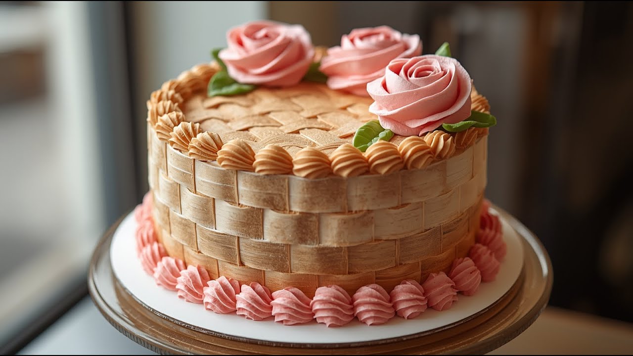 Elegant Rose Flower Cake 🌹 | Basket Weave Buttercream Cake Design