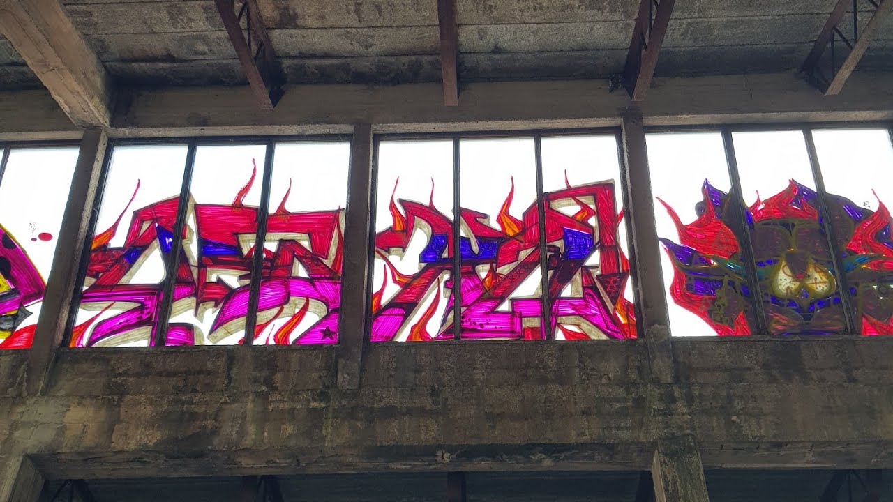 Colors combo pieces on glass | Big abandoned place | Graffiti process.