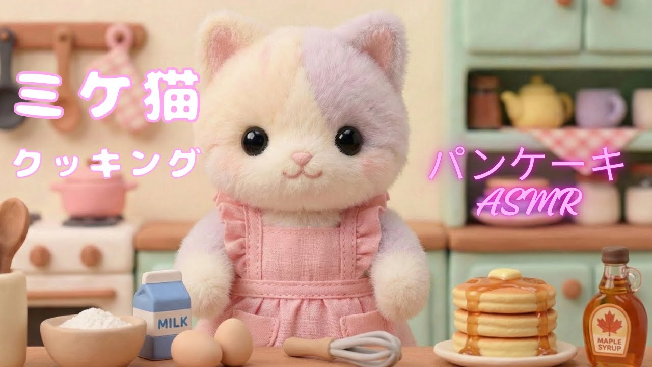 ぬいぐるみの小さなキッチン｜パンケーキを焼いて、食べるまで｜Cozy ASMR　A Tiny Plush Cat Makes Pancakes and Eats Them