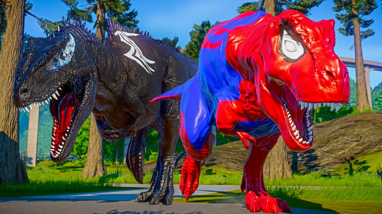 Superhero Dino War! Spider-Man MEGAREX vs Venom Giga & Iron Man I-REX in Jurassic World Evolution 🤯