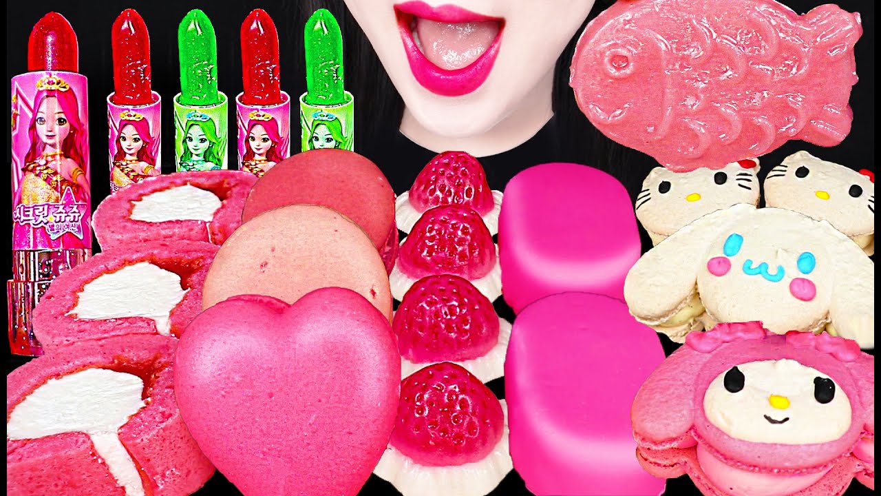 ASMR PINK EDIBLE LIPSTICK JELLY MACARON 먹는 립스틱 붕어빵 말고 붕어떡 먹방 MUKBANG, EATING