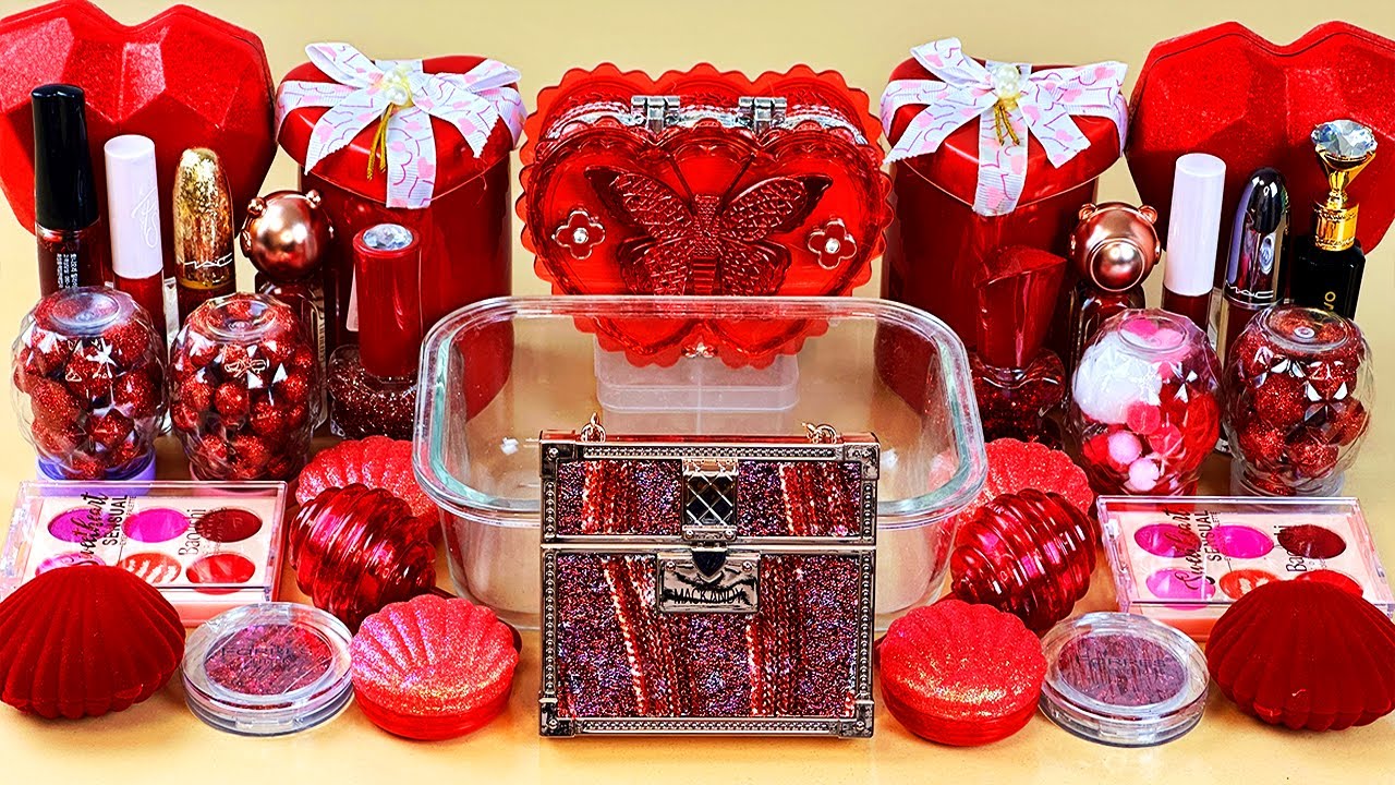 ASMR Slime ❤️💦💤 Mixing ”RED” makeup, Eyeshadow, glitter into slime. Satisfying slime video.