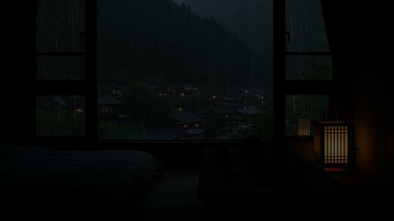 Peaceful Rain Sounds in a Japanese Room (No Ads) | Dark Night Garden Ambience for Deep Sleep