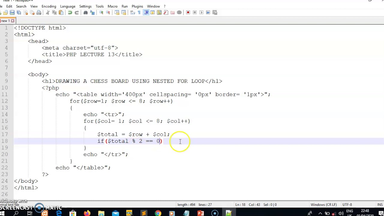 PHP Lecture 13: DRAWING A CHESS BOARD USING A NESTED FOR LOOP IN PHP