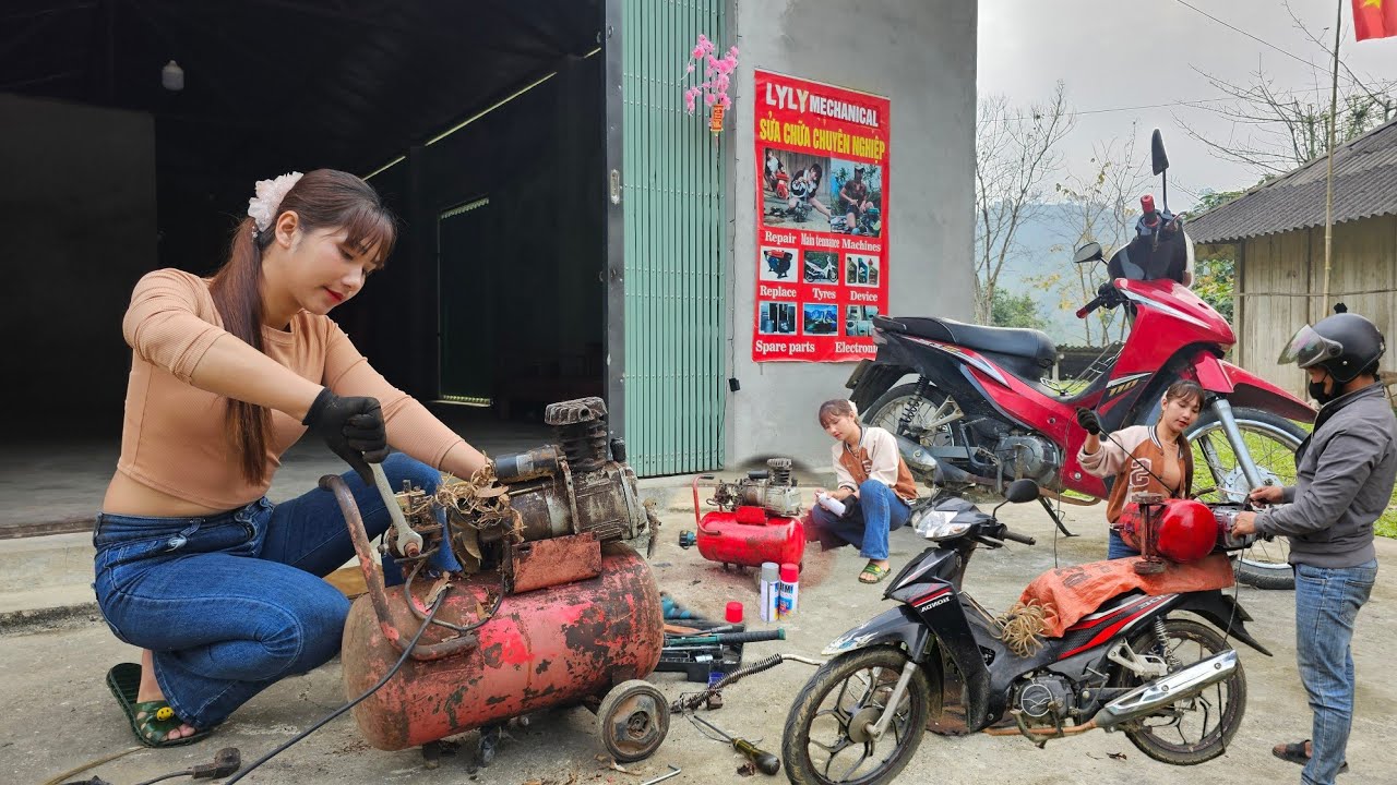 The girl successfully repaired the air compressor for the customer.