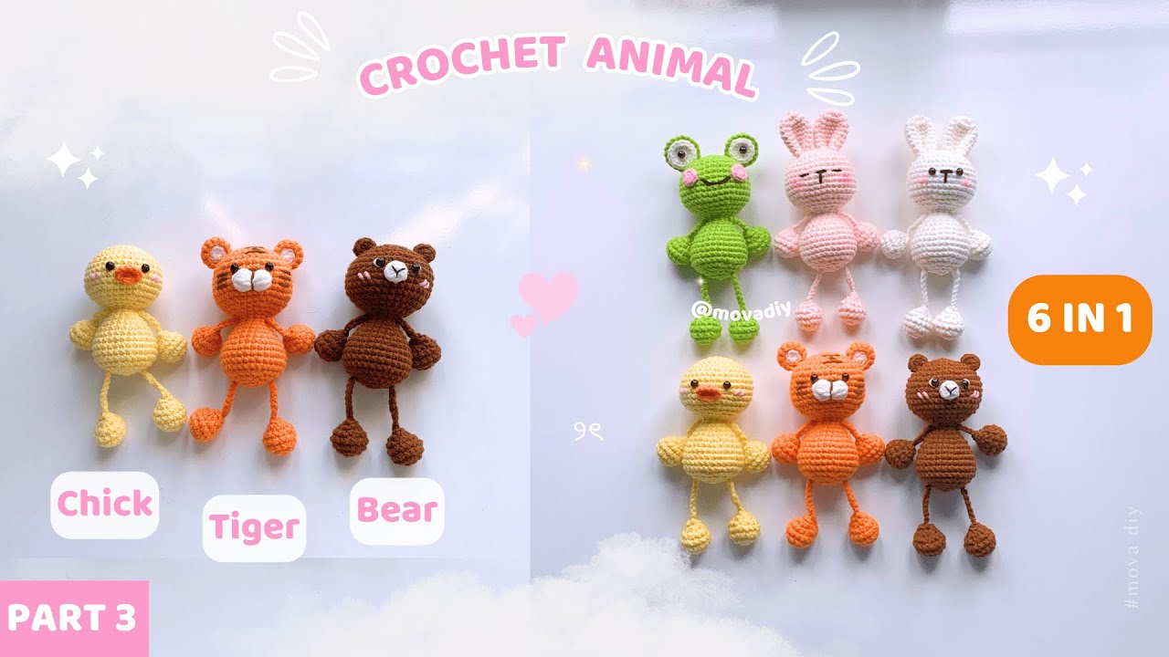 [PART 3] Crochet 6 in 1 long limbed animals keychain 🐤🐯🧸  - Chick, Tiger, Bear | Mova DIY