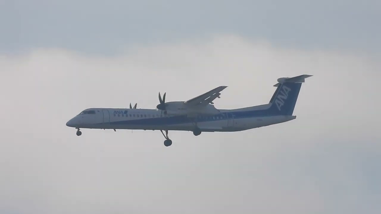 全日空旅客機（ボンバルィア・DCH- 8-Q400）福岡アイランドシティー付近で車輪を下げて福岡空港着陸へ