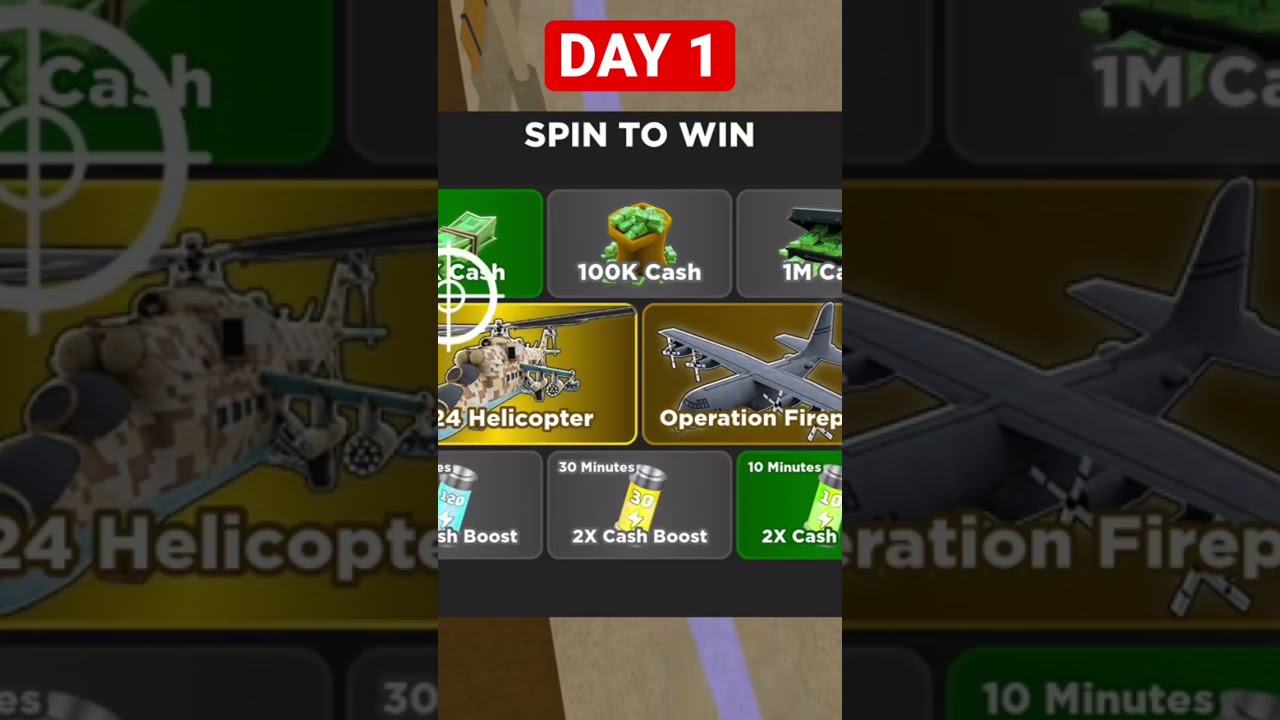 Day 1: Trying to win the Mi24 Helicopter on War Tycoon spin to win #Shorts