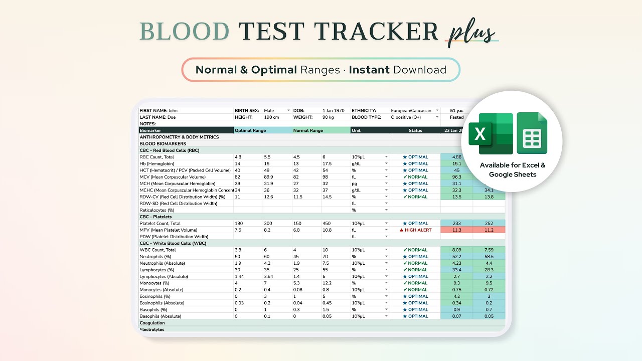 Blood Test Results Tracker DEMO &ndash; Optimal Ranges | Google Sheets & Excel