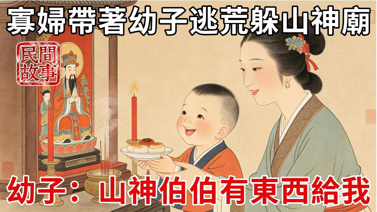 寡婦帶著幼子逃荒，躲進廢棄山神廟避雪，幼子哭鬧著要抱神像：山神伯伯說有東西給我！