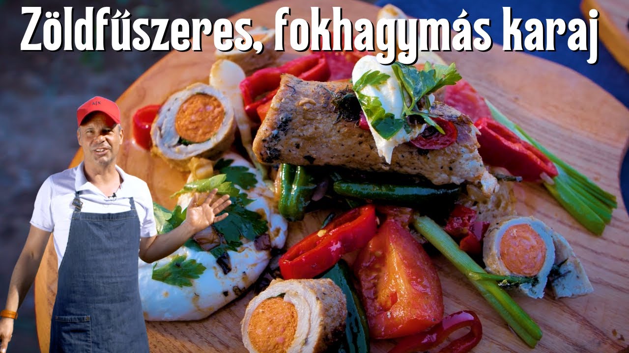 Z&ouml;ldfűszeres, fokhagym&aacute;s sert&eacute;s karaj kolb&aacute;sszal t&ouml;ltve