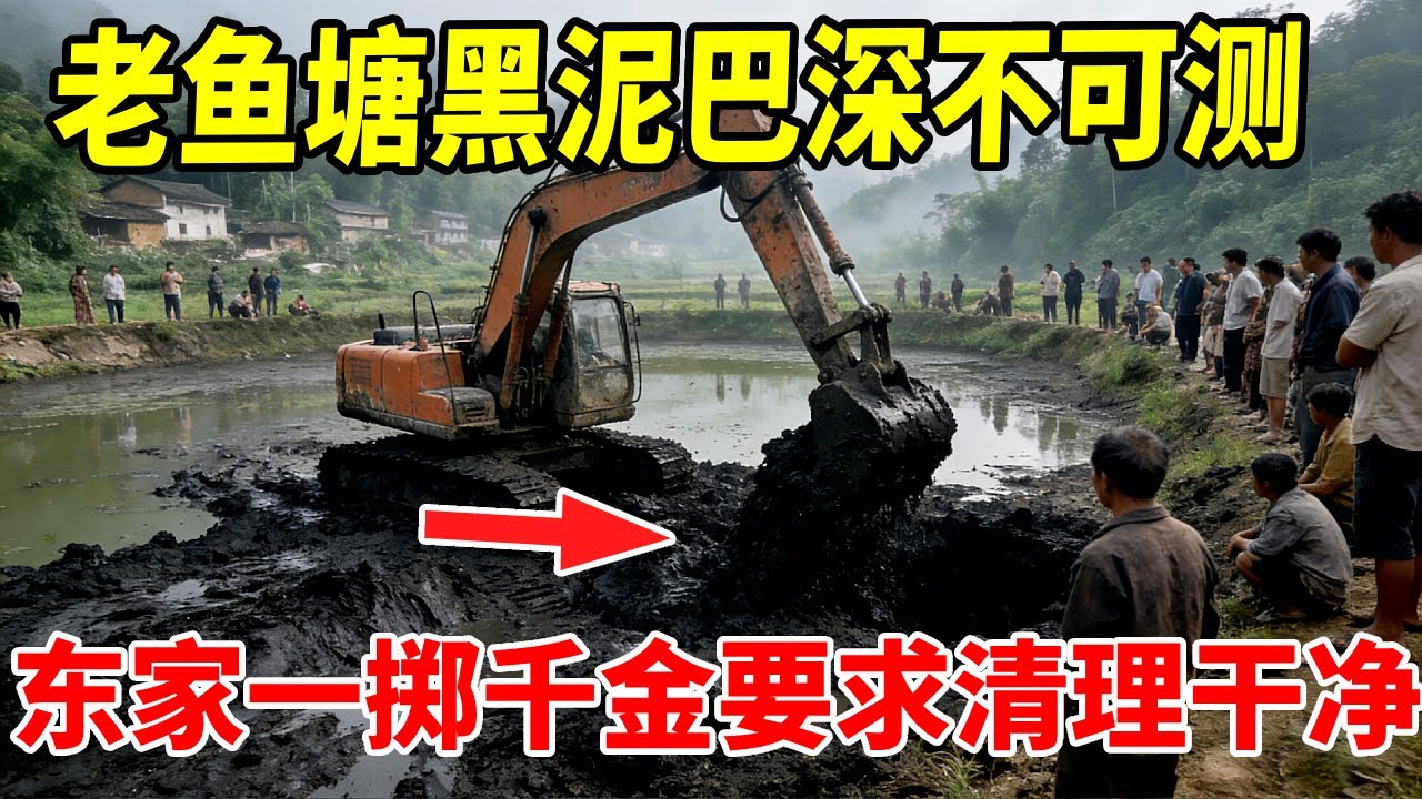 几十年的老鱼塘，泥巴深不可测。东家一掷千金要求把泥巴清理一点不剩。#几十年老鱼塘 #鱼塘清淤