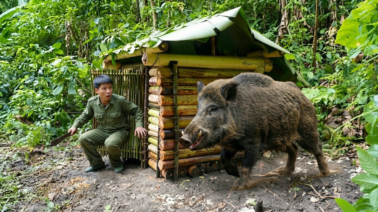 Wilderness Survival: Building Banana Tree Cabin & Wild Boar Appears Near Shelter, SURVIVAL SKILLS 2