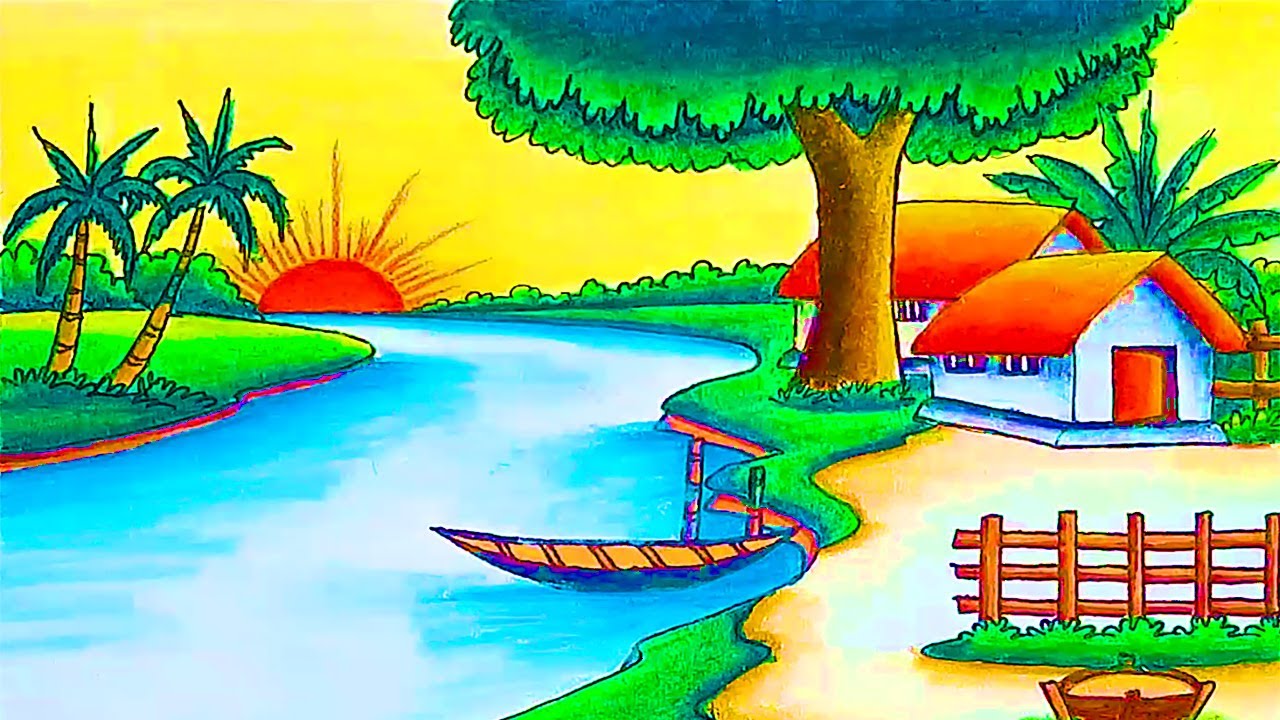 How to Draw Village Scenery With Lakeside Village Scenery | Landscape Drawing With Nature drawing
