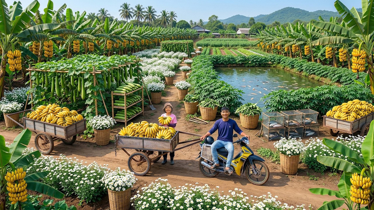 Relax With Harvest: Luffa, Bananas, Aster Flowers, Cassava Leaves And Catch Fish, Cucumbers...