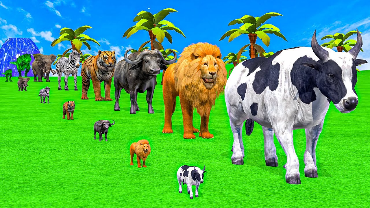 Long Slide Game With Cow Elephant Gorilla Hippopotamus Tiger - 3d Animal Game - Funny 3d Animals
