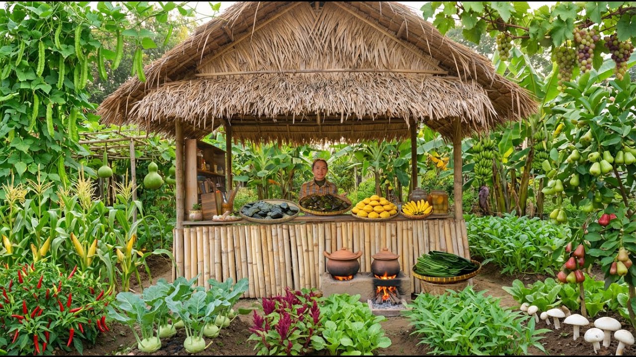 Harvest and Cook Coconut Bean Cakes In Banana Leaves, Kohlrabi, Winged Beans...Sell At The Market.