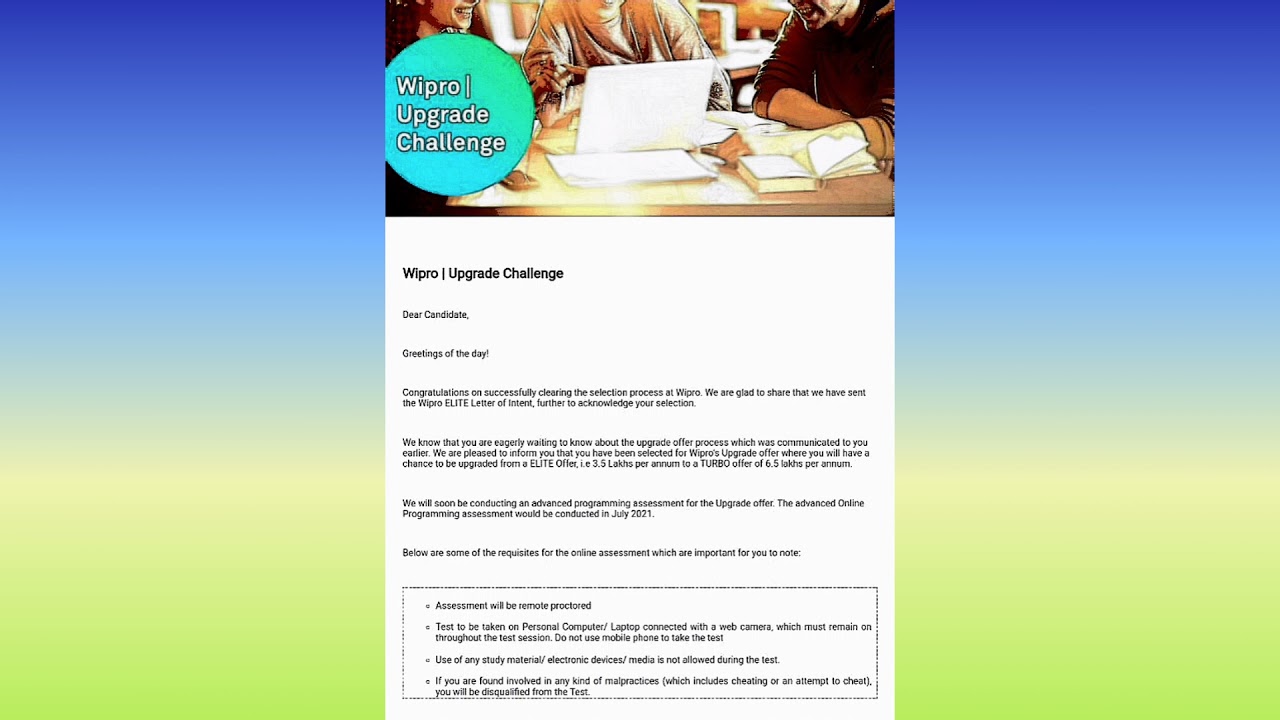 Wipro Upgrade challenge 2021 Good News wipro sends mail New update elite LOI and Turbo must watch it