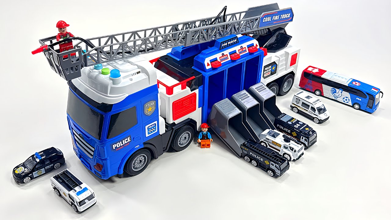 Unboxing fire rescue truck,EV police car, remote control RC city bus,EV Transforming Excavator