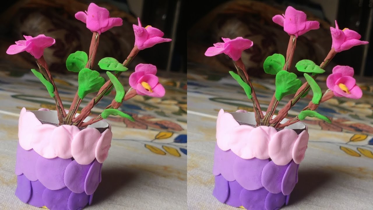 Mini Clay Flower Vase 💜 | Beautiful Home Decor Idea #diy #craft #miniflower #flowerpot 