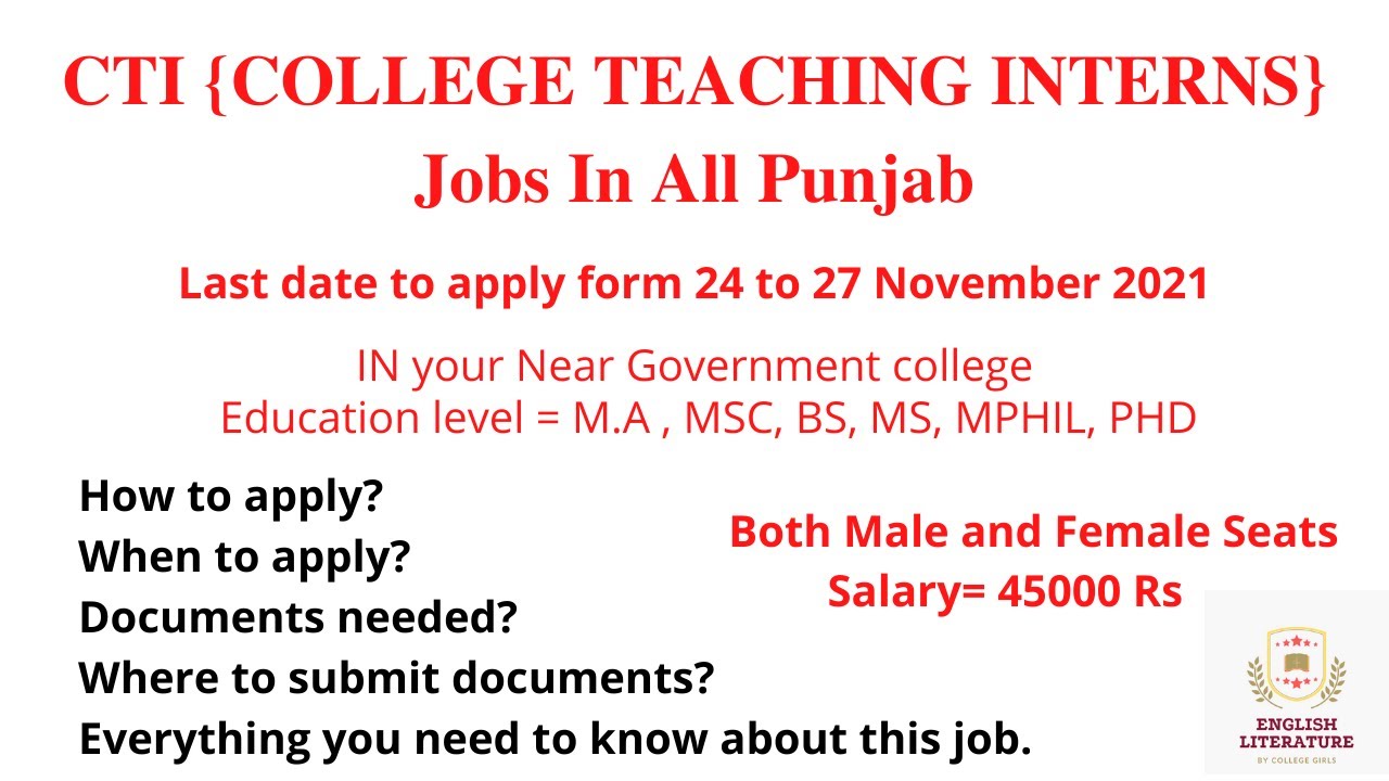 CTI Jobs In Punjab, College Teaching Interns Job Apply as soon as possible, Government college jobs.