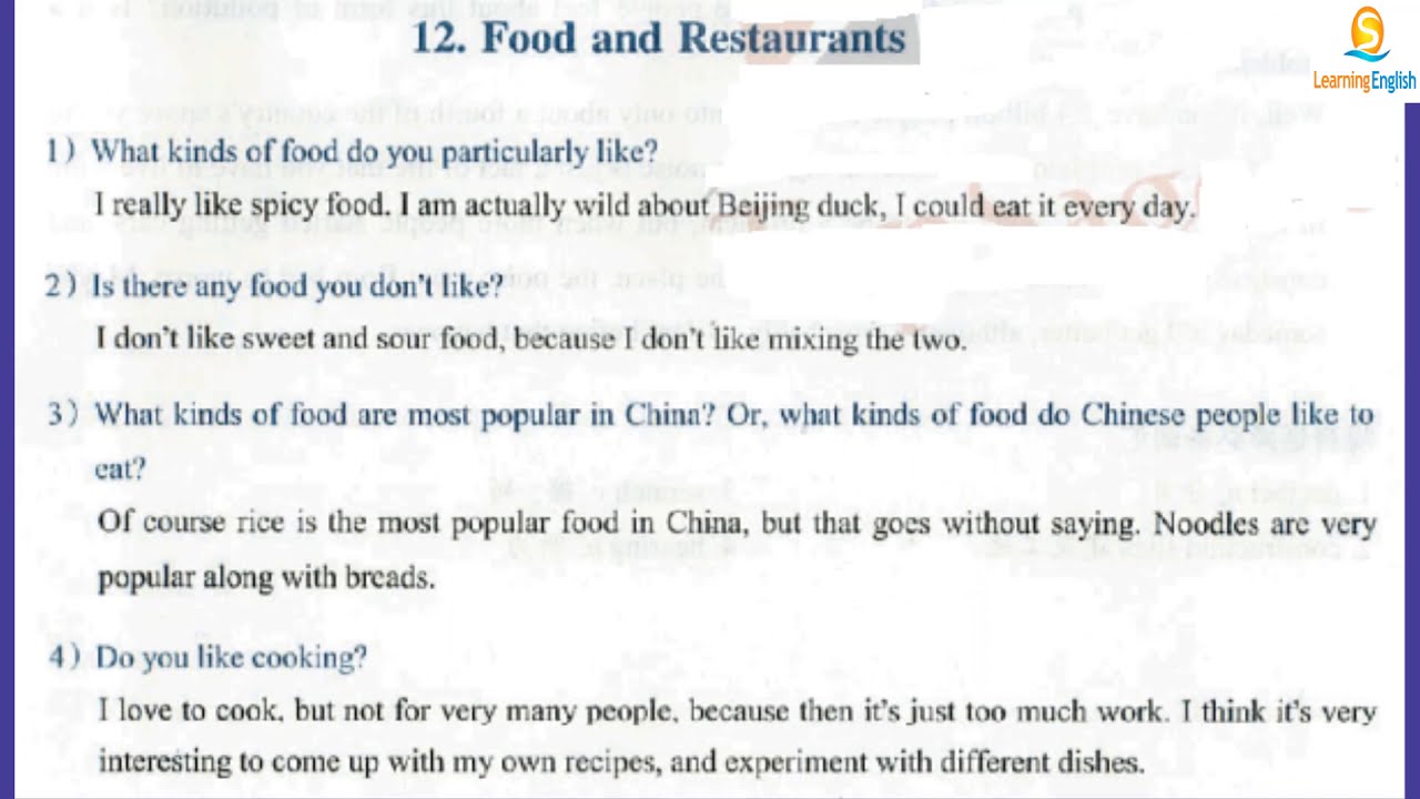 IELTS SPEAKING TEST (  Food and Restaurants)