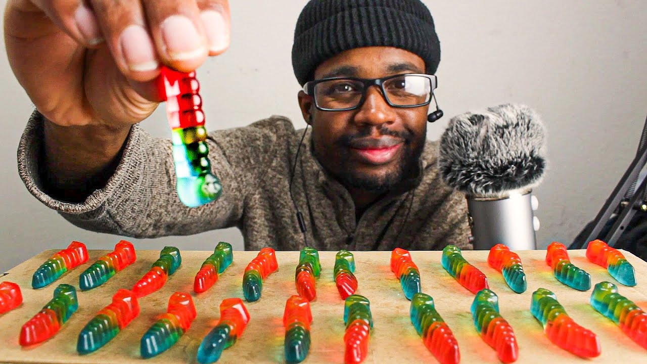 ASMR EATING HARIBO RAINBOW GUMMY WORMS CANDY ( Squishy sounds ) | ASMR TY