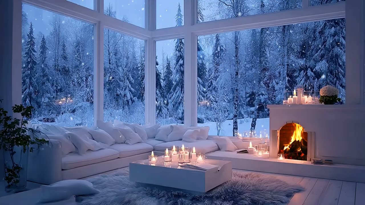 Cozy Winter Room Ambience | Fireplace Glow, Snow Outside & Piano Music