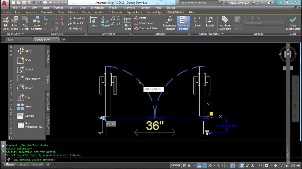 AutoCAD - Programming of a double leaf door with parameters