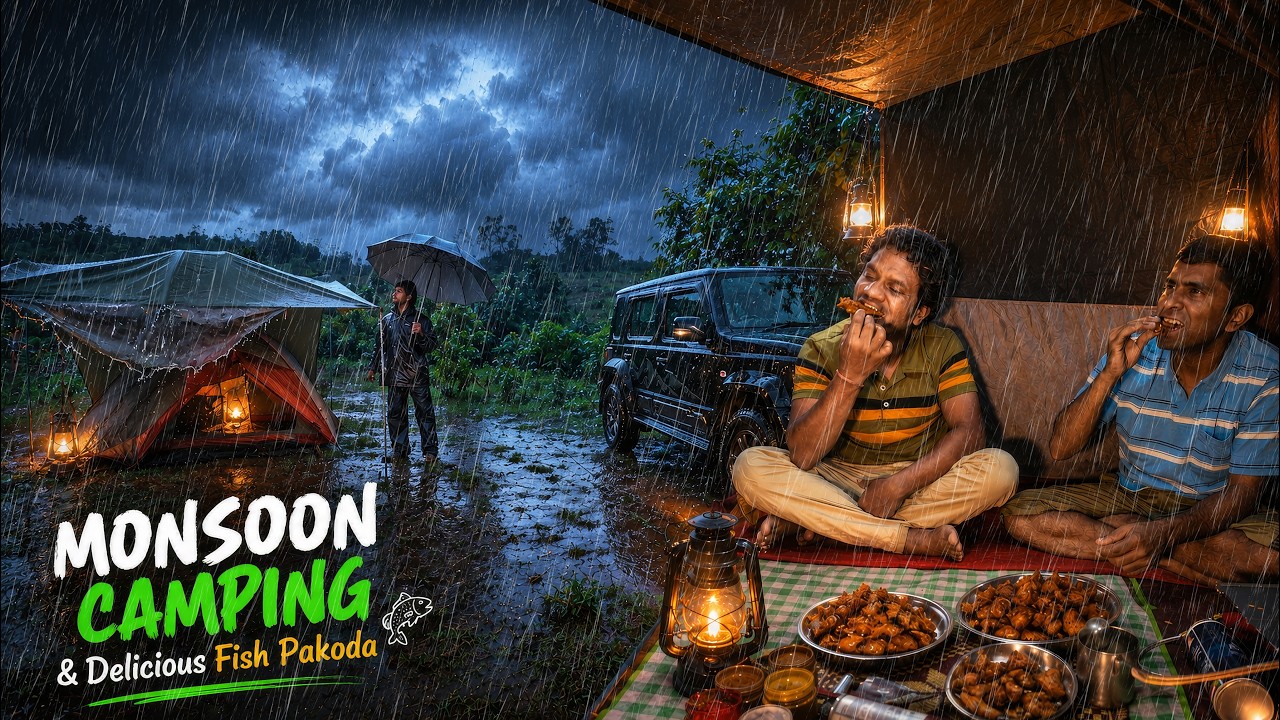 Most Relaxing Monsoon Heavy Rain Camping In Wild | Fish Pakoda Cooking & Cozy Tent Life 🌧️