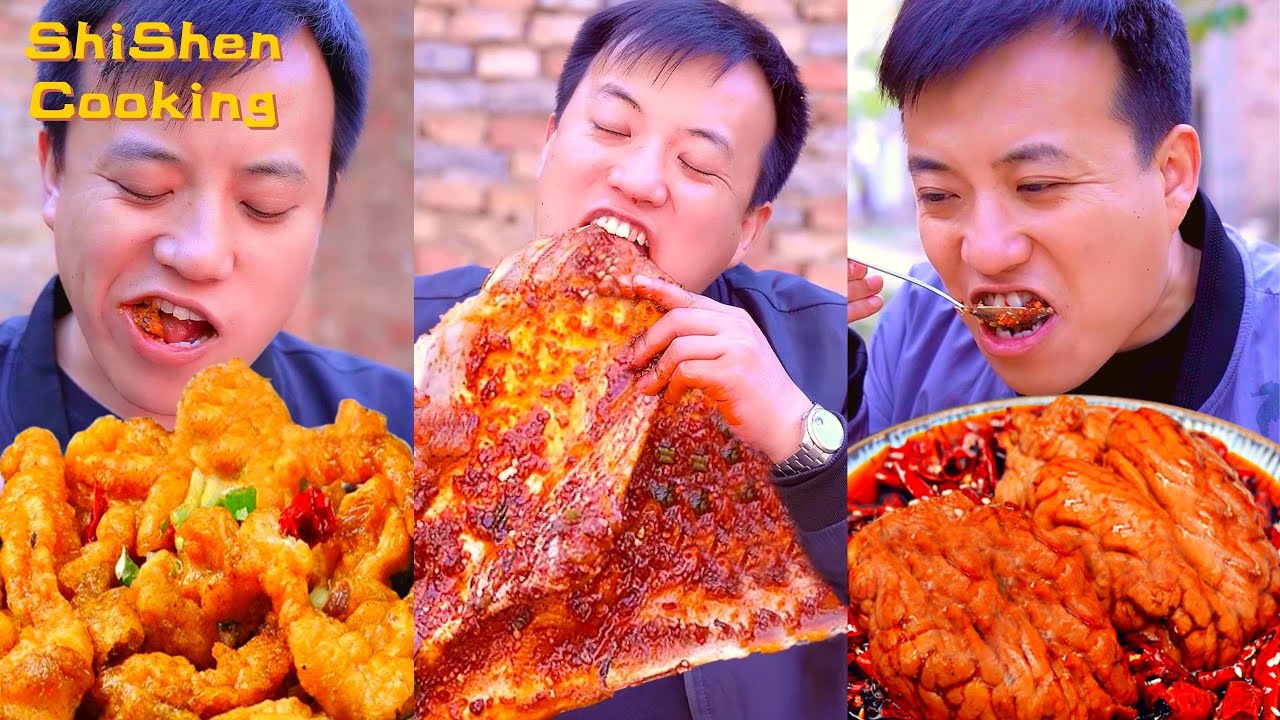Eating Pig Offal &Pork Recipes 1.0 🐷| Village Funny Mukbang |  Grilled Stone Food | Wild Cooking #石神