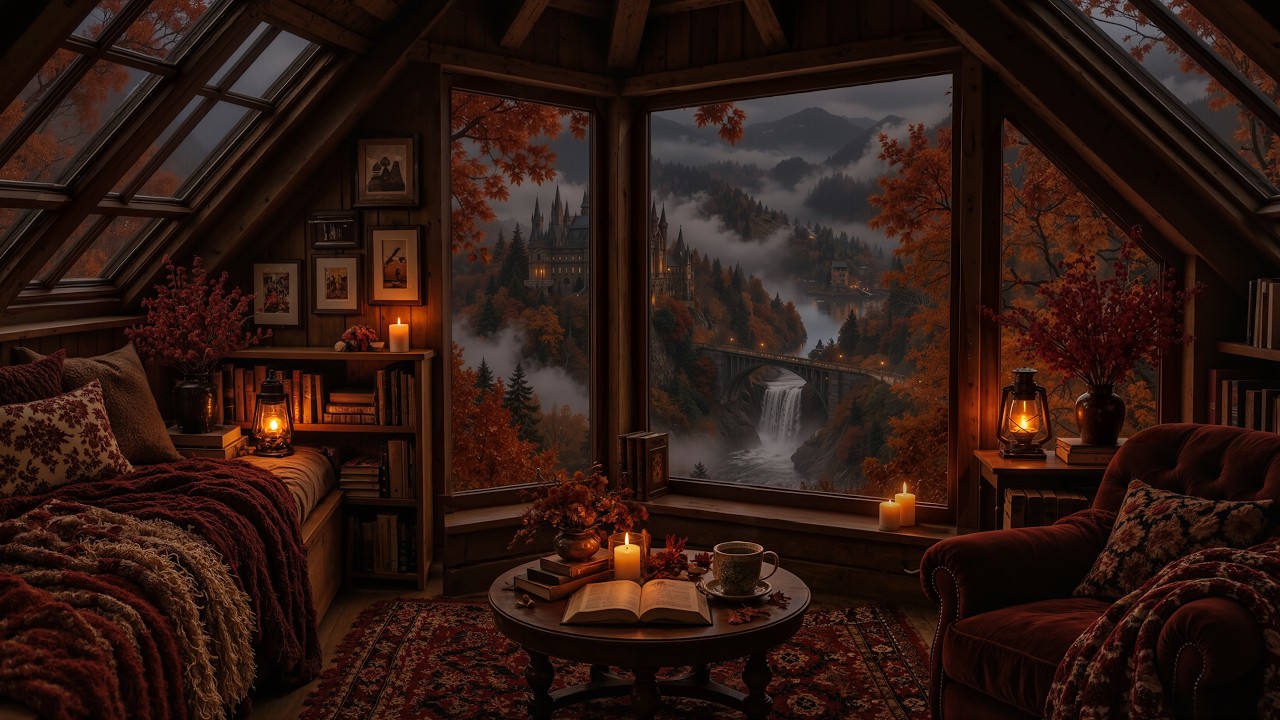 Cozy Autumn Night Reading by Candlelight in Secret Study Room | Fog & Rain on Window | Dark Academia
