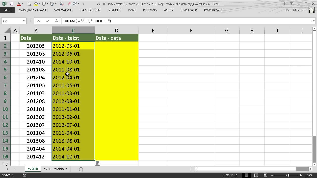 excel-318 - Przekształcenie dat z '201305' na '2013 maj' - wynik jako data czy jako tekst