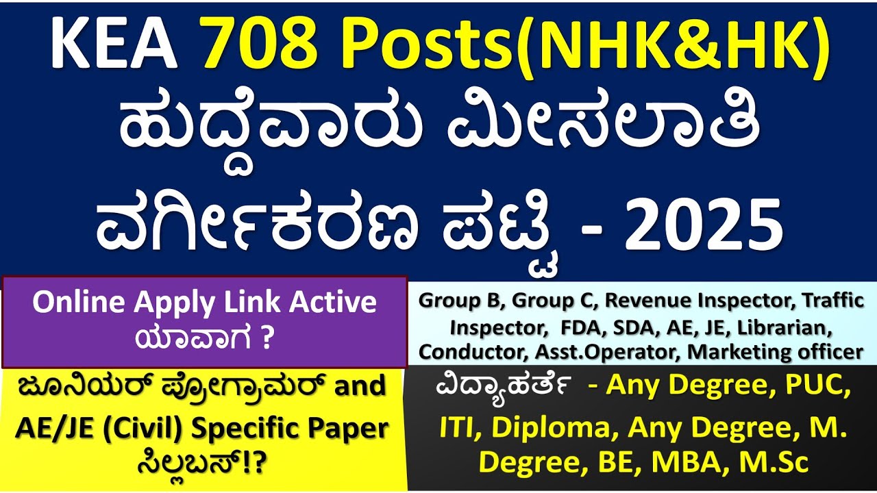 KEA 708 Posts ಹುದ್ದೆವಾರು ಮೀಸಲಾತಿ ವರ್ಗೀಕರಣ - 2025|Jr. Programmer|AE/JE(Civil)|Specific Paper ಸಿಲ್ಲಬಸ್