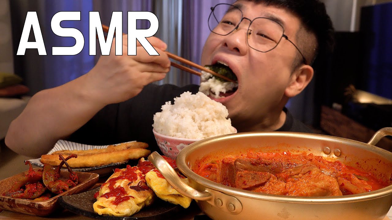 ASMR 먹방창배 통삼겹 김치짜글이 압력밥솥에 한번쪄내고 하루종일 뭉근히 끓여냈어요 계란말이 오징어튀김 Kimchi stew with pork belly meat eatingsho