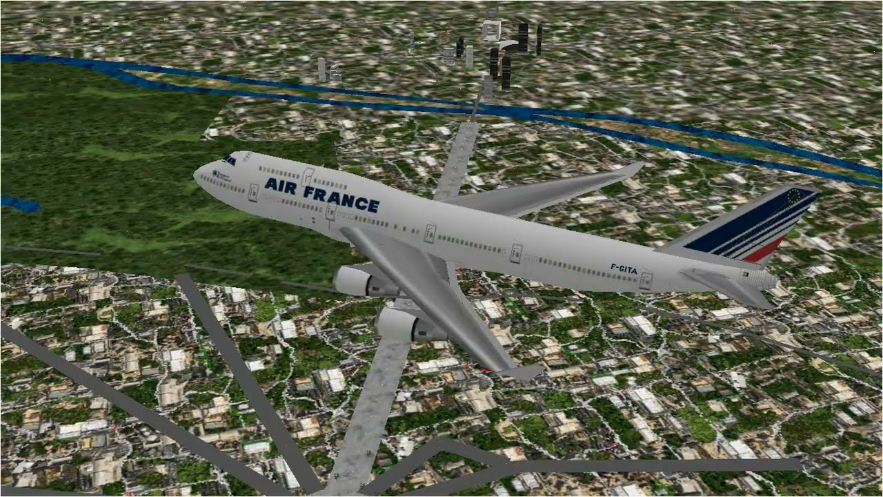 DÉCOLLAGE BOEING 747 AIR FRANCE F-GITA CHARLES DE GAULE CDG SURVOL DE PARIS FLIGHT SIMULATOR 98 FS98