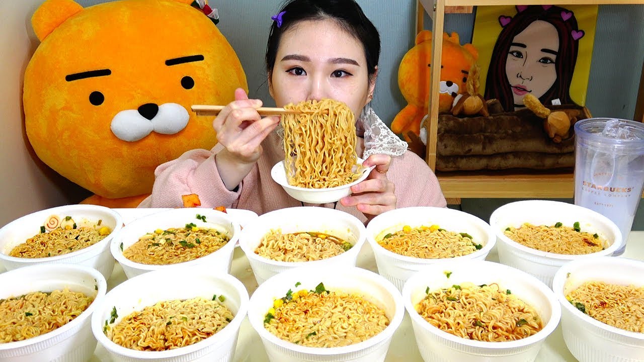 10 чаш миски с супом с лапшой Hot & Spicy (миска с лапшой быстрого приготовления) Mukbang ест звук